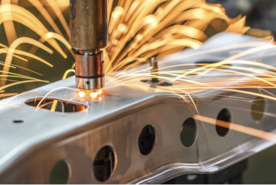Welding robot with AI analysis overlay showing real-time quality control